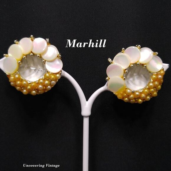 Vintage Mother of Pearl Marhill Clip on Earrings, 1940s, 1 1/8 Inches - Picture 1 of 10